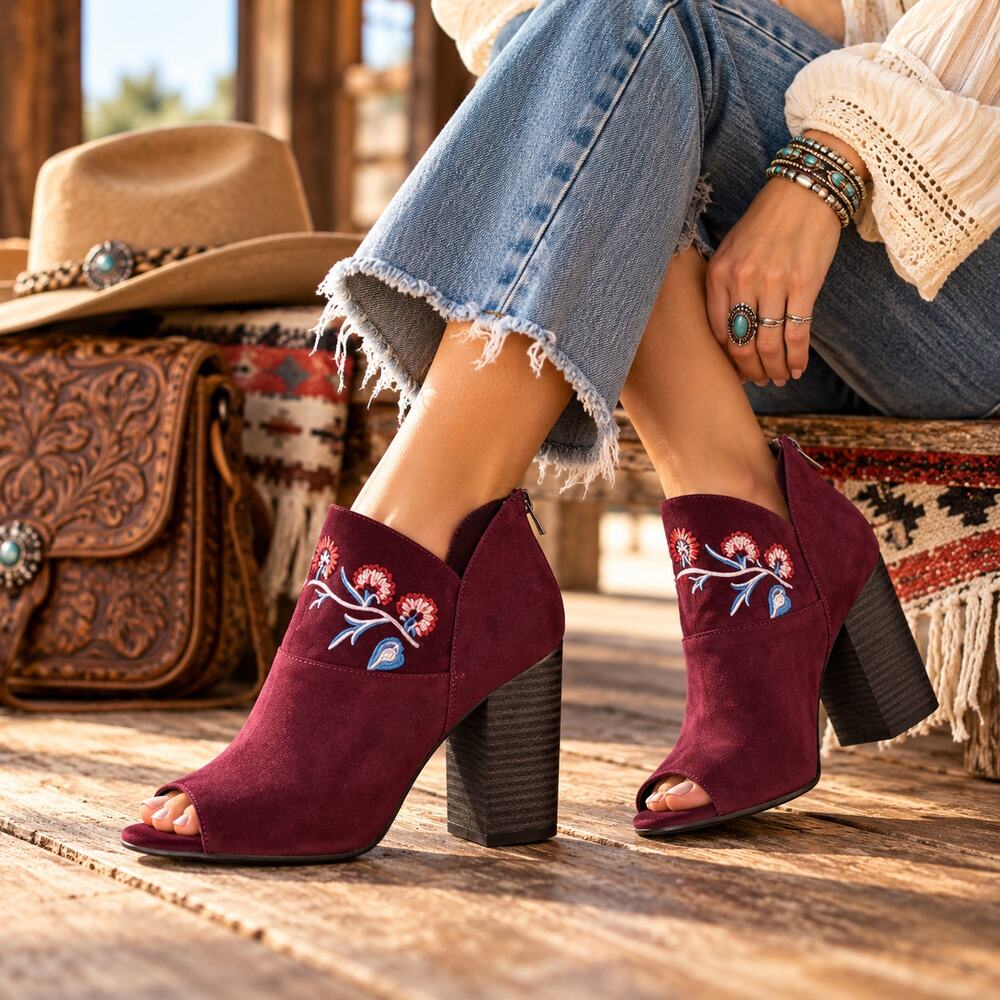 NEW Carlos Santana Talana Burgundy Embroidered Peep Toe Booties 8.5 Festival